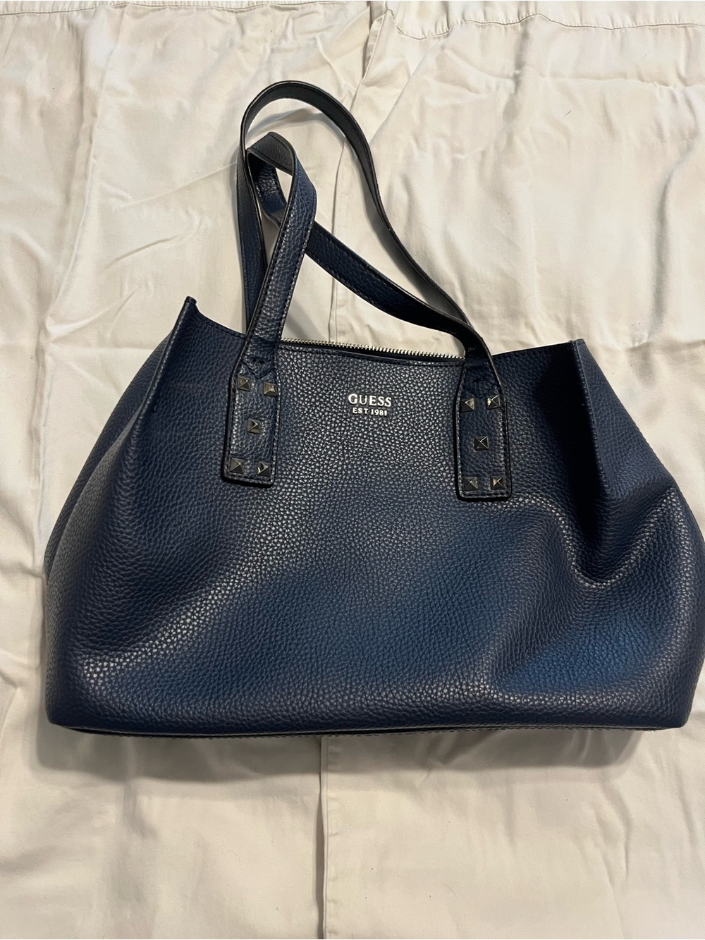 GUESS Navy Pebbled Leather Tote with Stud Accents